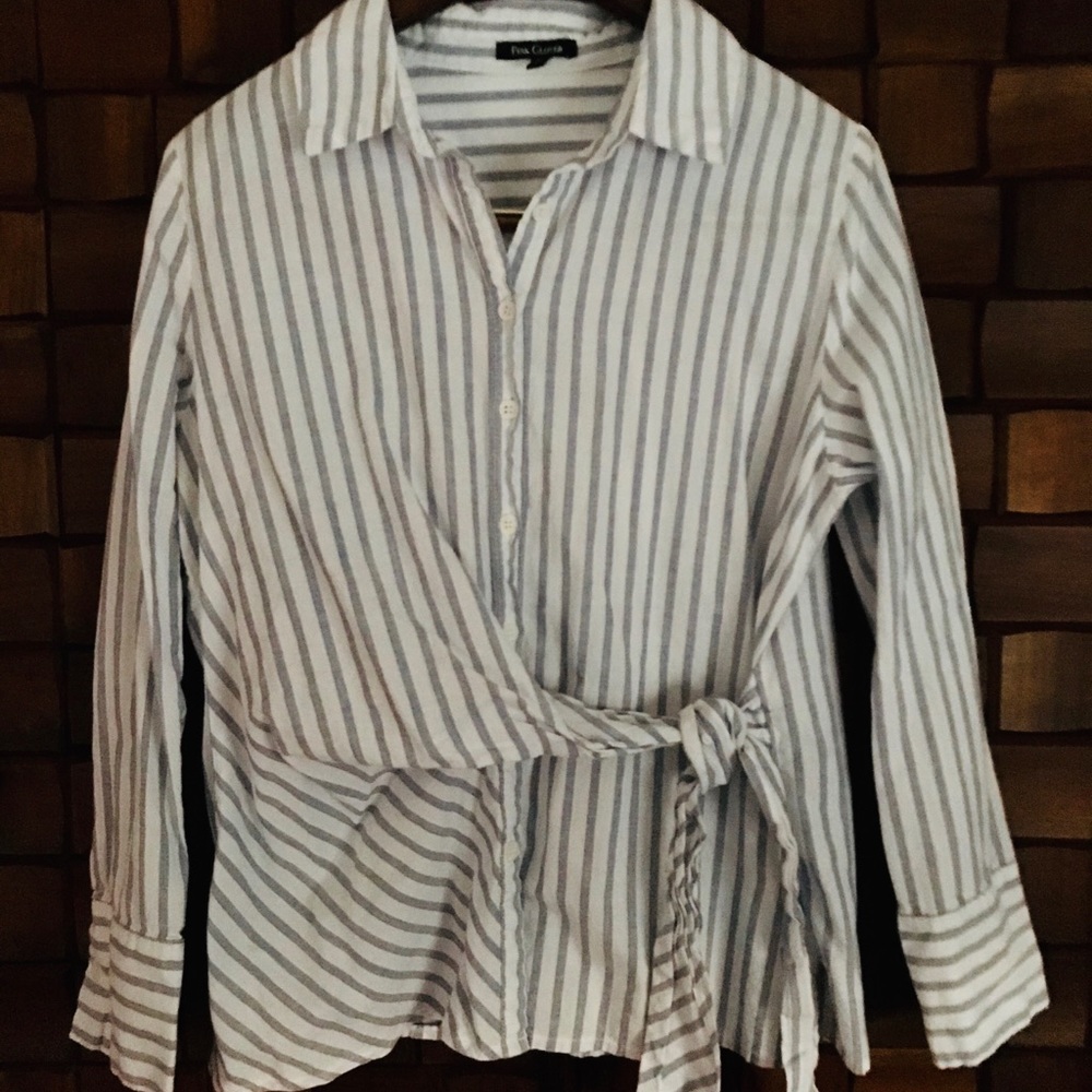 Cotton Button-down Striped Shirt w/ Tie Waist